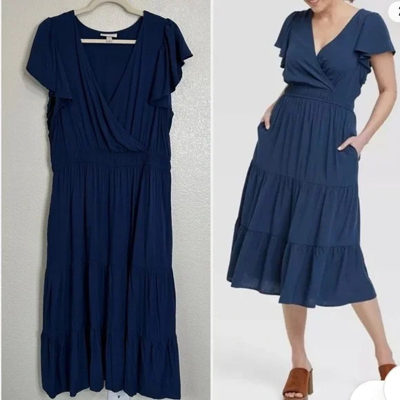 Knox Rose vneck flutter sleeve navy blue dress - Picture 4 of 6